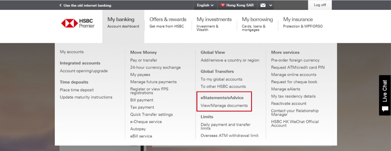 How to view your eStatements and eAdvice screen step 1; image used for HSBC eStatements page.