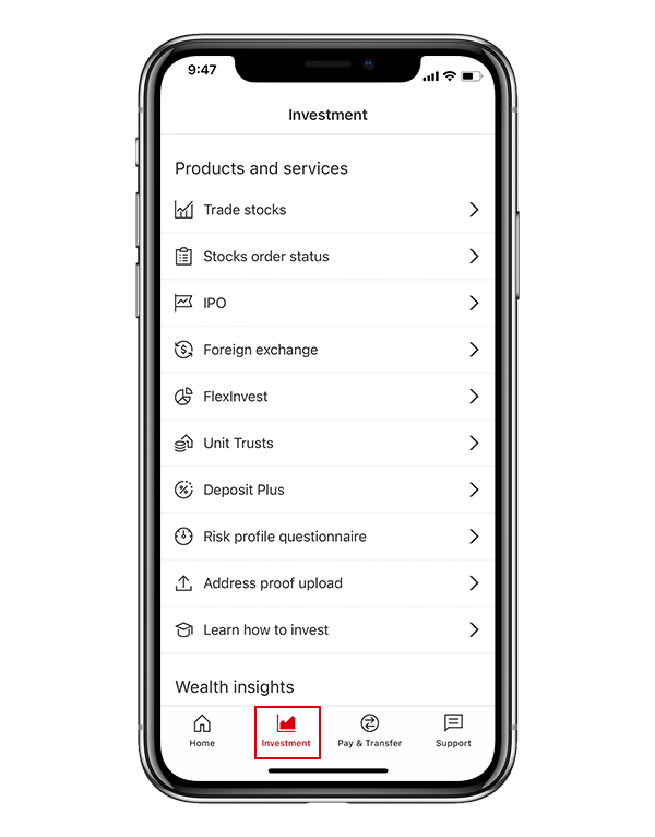 The screenshot of HSBC HK app; highlighting the 'Investments' tab.