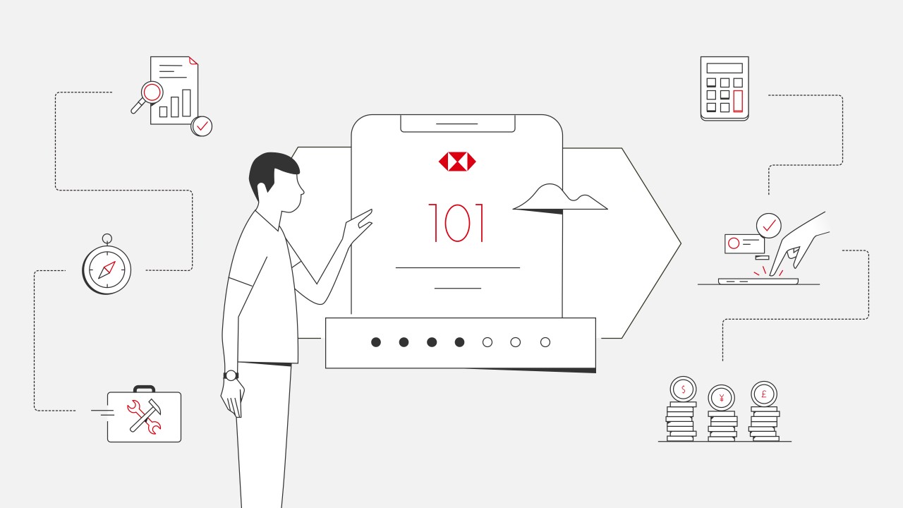 Illustration of man pointing to screen with '101' overlaid on it. Banking-related icons such as a calculator, stacks of coins, briefcase, compass surround man and screen