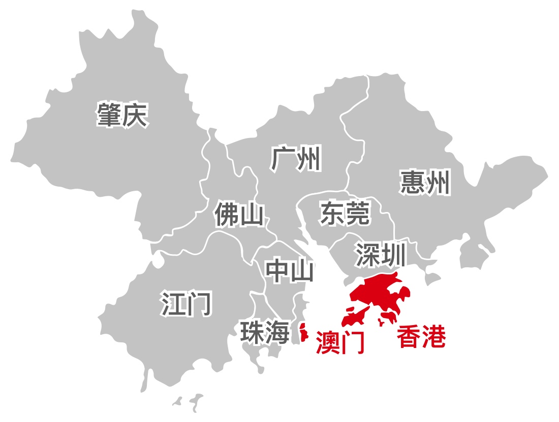 中国地图显示大湾区城市：肇庆、广州、惠州、东莞、深圳、中山、珠海、江门