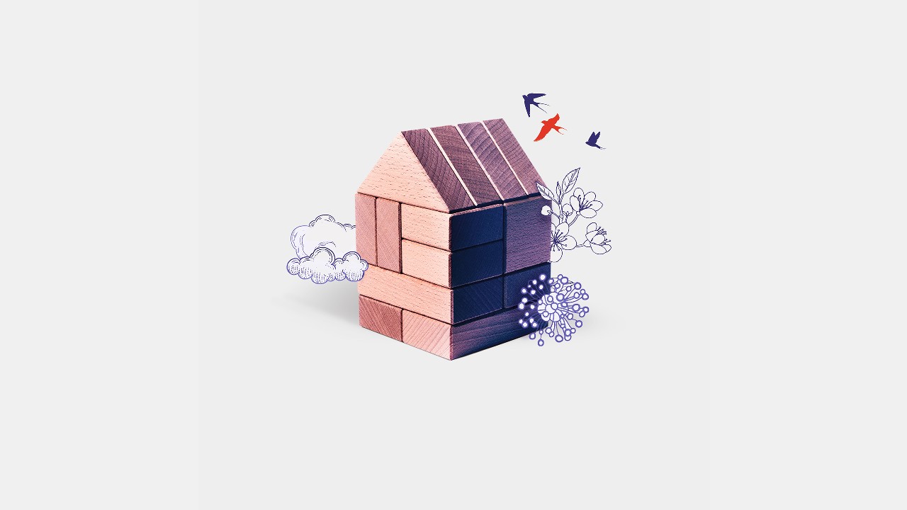 Wooden block house with flowers and birds background