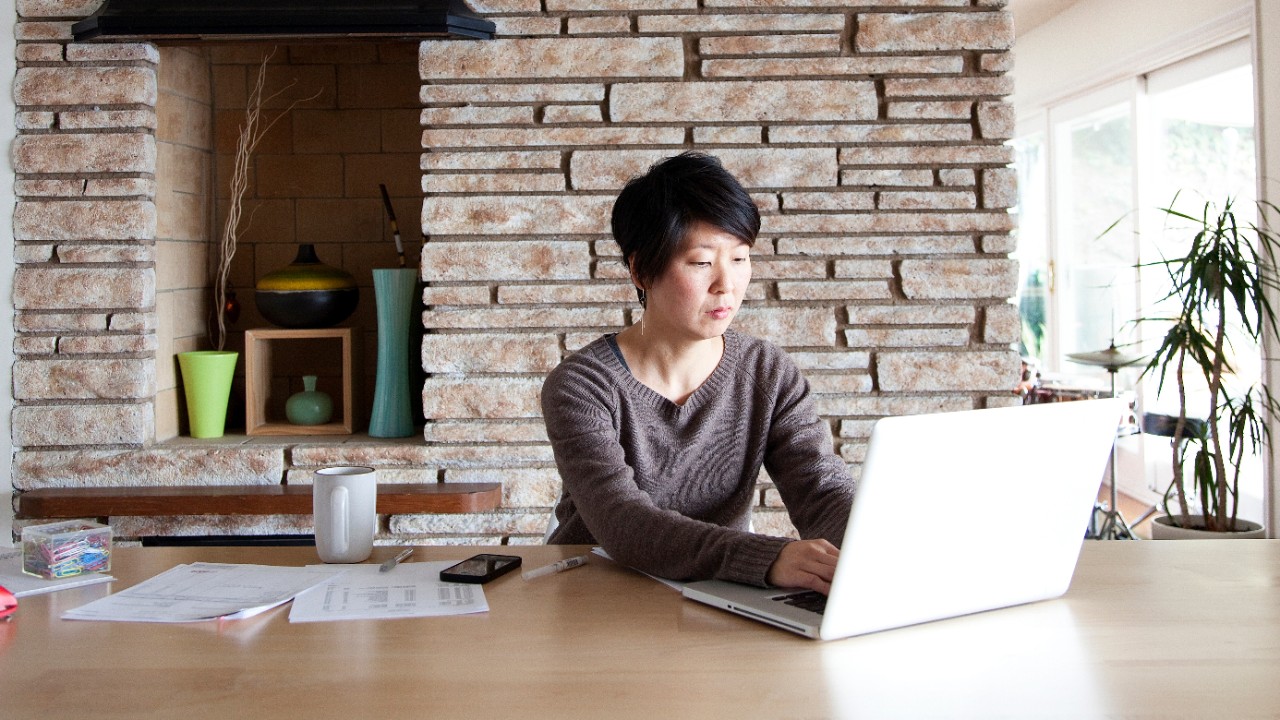 一位女士正在使用笔记本电脑； 图片用于网上银行。