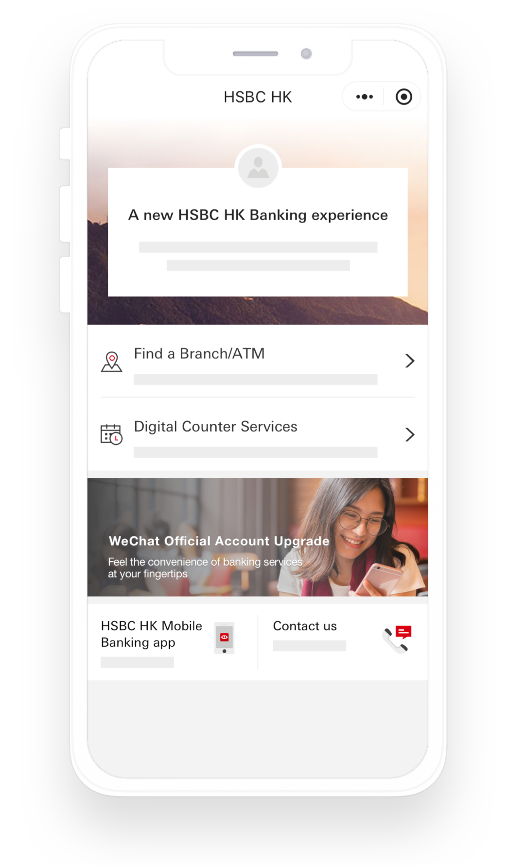 Screenshot of the interface of HSBC Hong Kong WeChat mini programme; image used for the HSBC Hong Kong WeChat page.